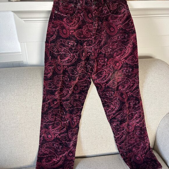 Vintage "Bill Blass Jeans" Soft Velvet Burgundy Paisley Pants - Picture 2 of 5